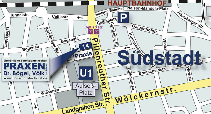 Anfahrtsbeschreibung Praxis Nürnberg Südstadt, Pillenreuther Straße 14